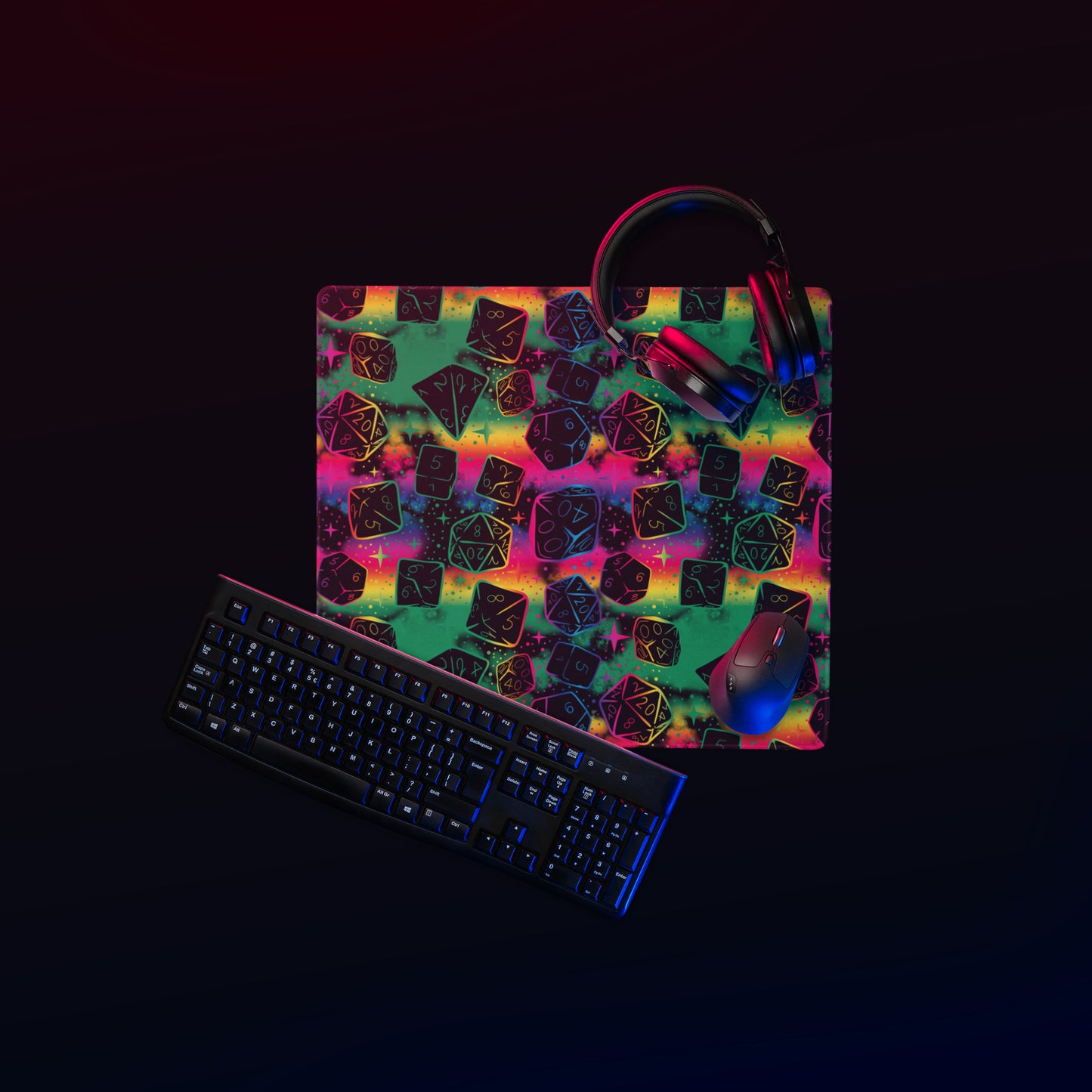 DnD Magical Dice Pattern, Rainbow Black Desk Mat