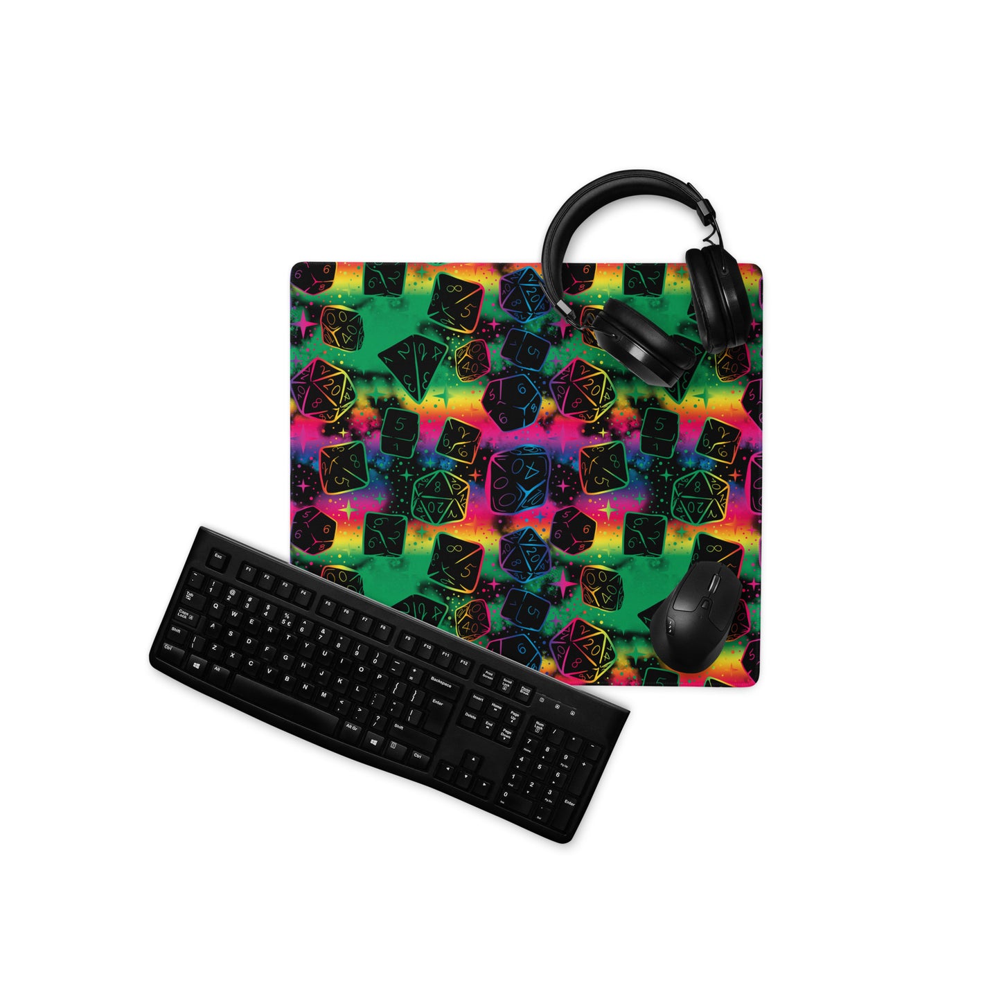 DnD Magical Dice Pattern, Rainbow Black Desk Mat