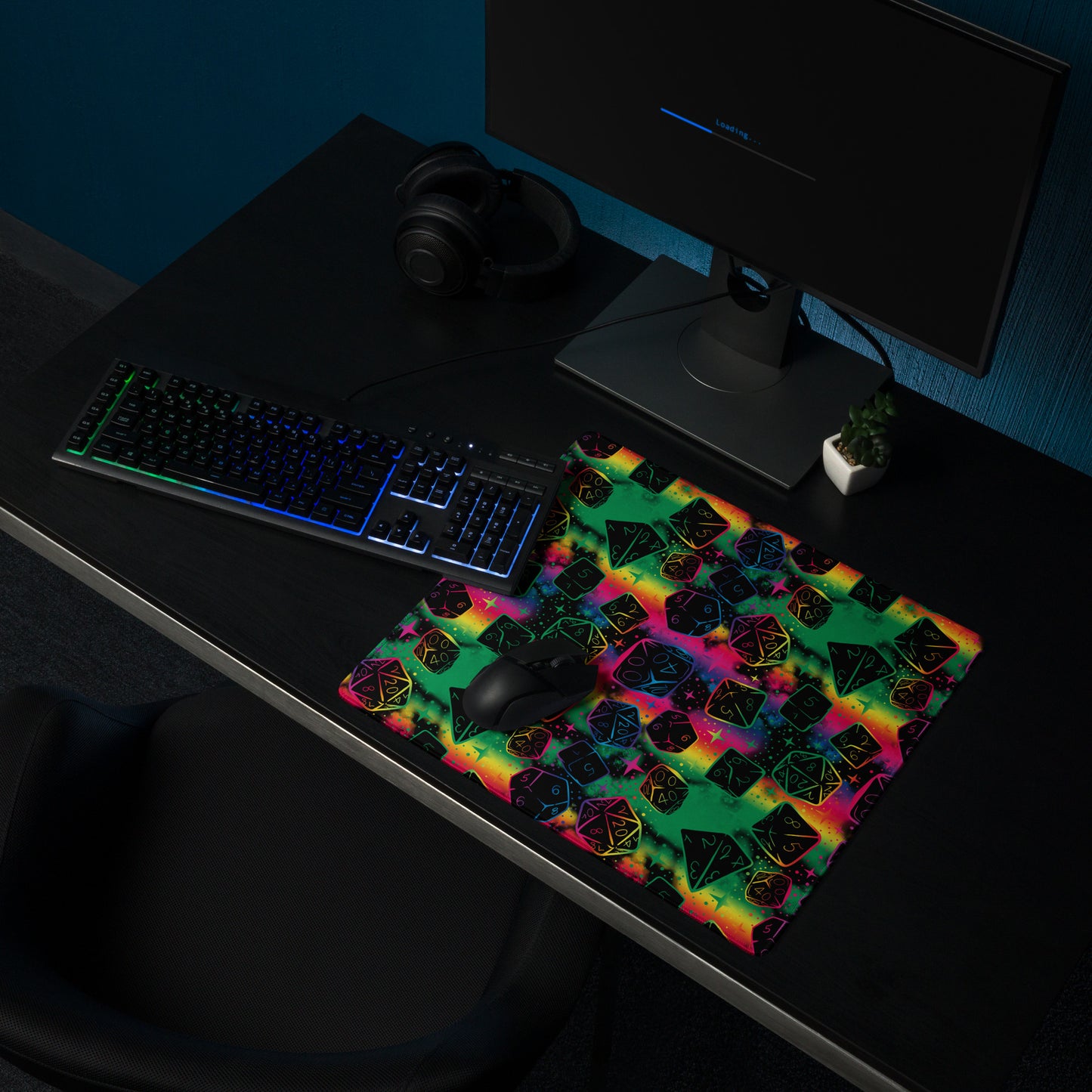 DnD Magical Dice Pattern, Rainbow Black Desk Mat