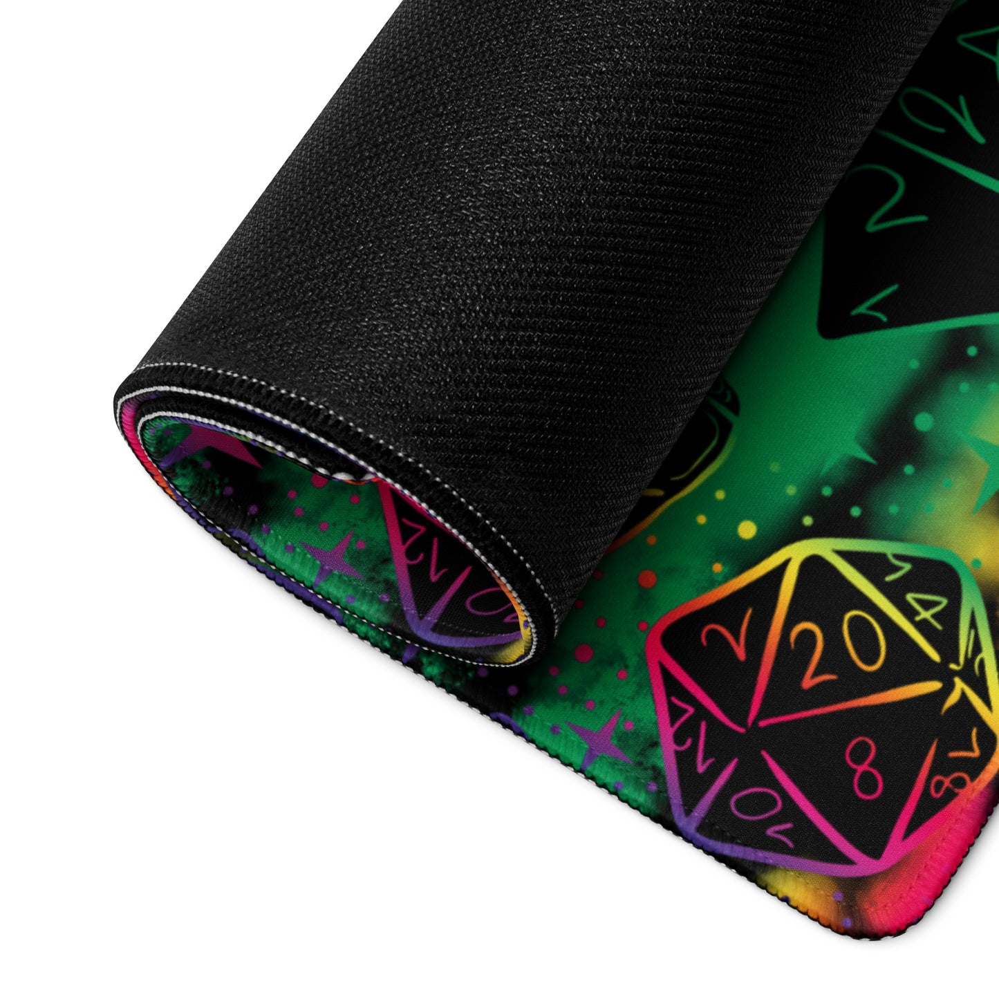 DnD Magical Dice Pattern, Rainbow Black Desk Mat