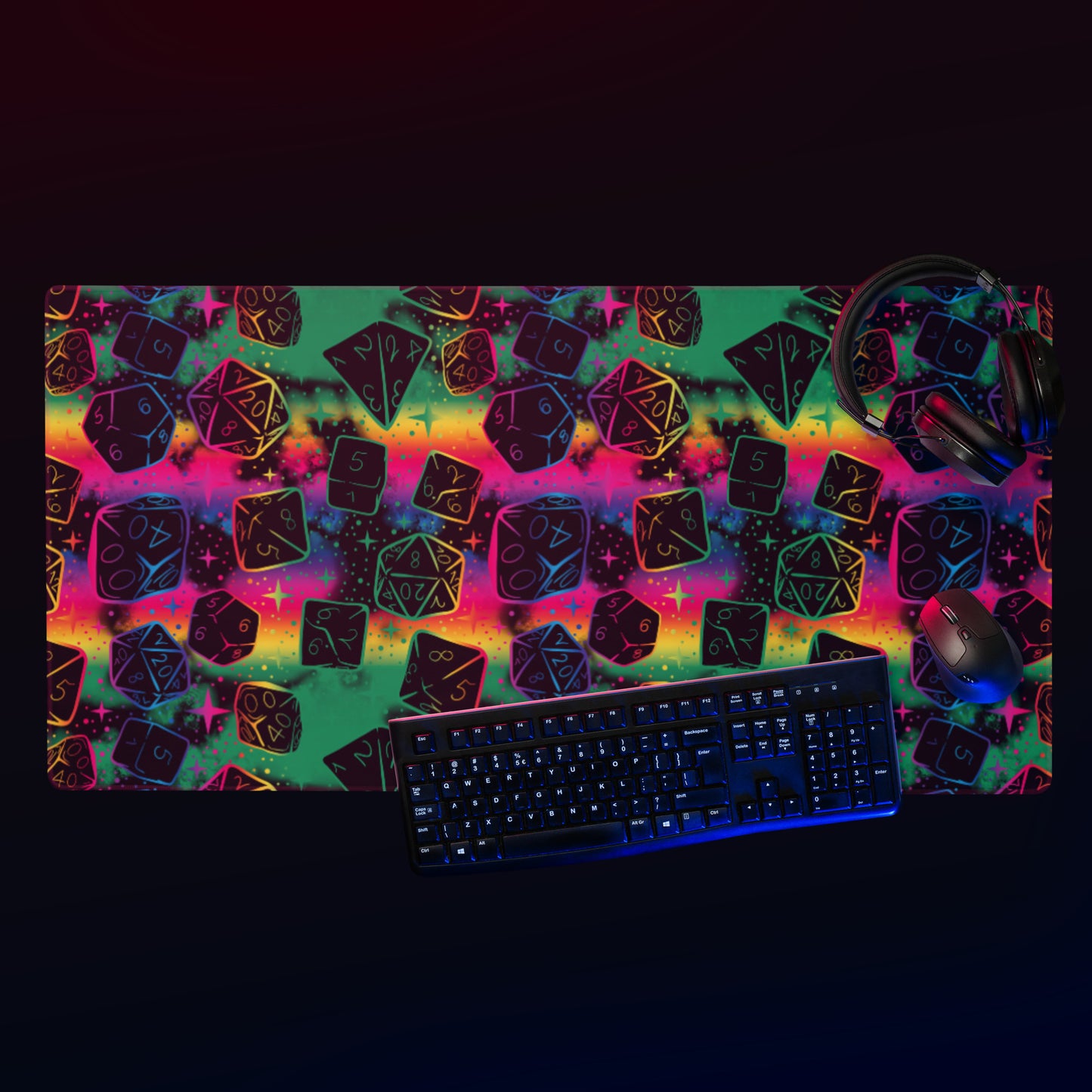 DnD Magical Dice Pattern, Rainbow Black Desk Mat