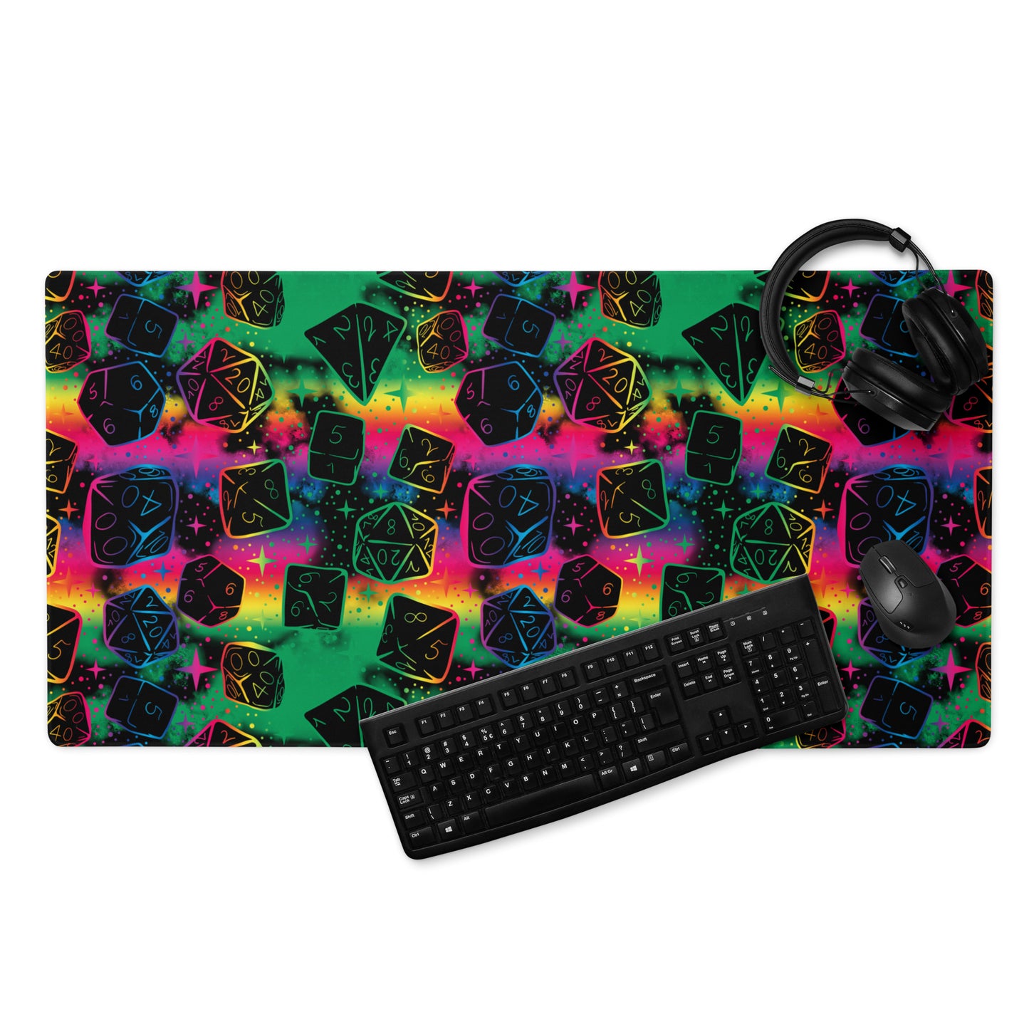 DnD Magical Dice Pattern, Rainbow Black Desk Mat