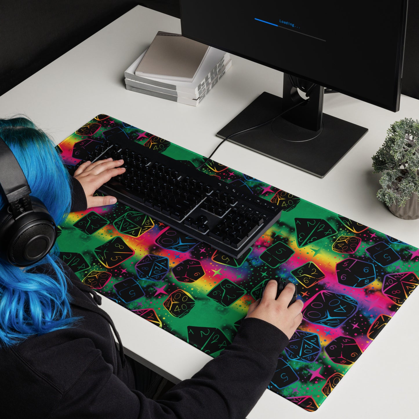 DnD Magical Dice Pattern, Rainbow Black Desk Mat