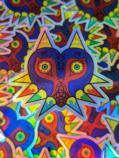 Holographic Celtic Creepy Mask | 3" x 2.77" inches | Rainbow Majora Legend Breath Wild Link | Gaming Gamer Purple Spooky RPG