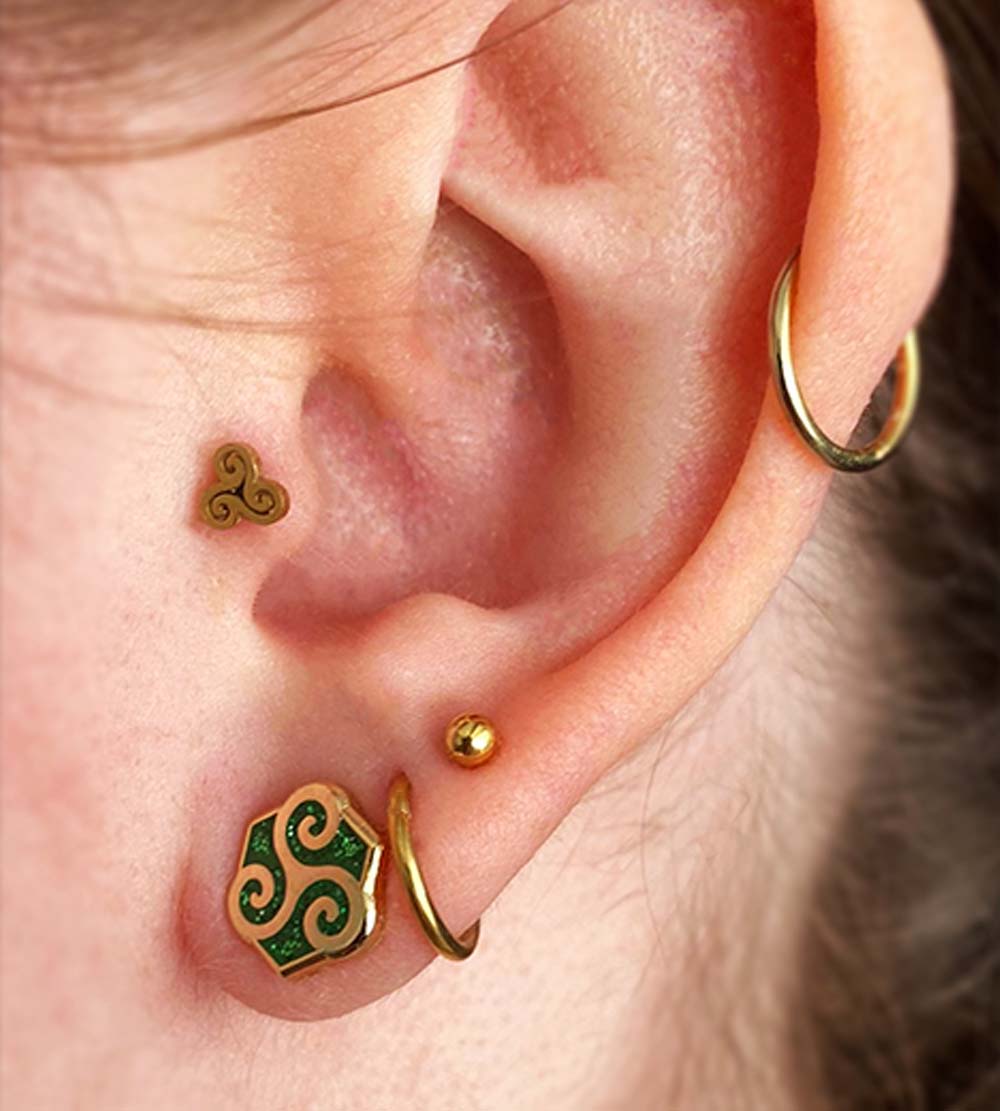 Triskele Gold Plated Earrings, Hard Enamel Green Glitter