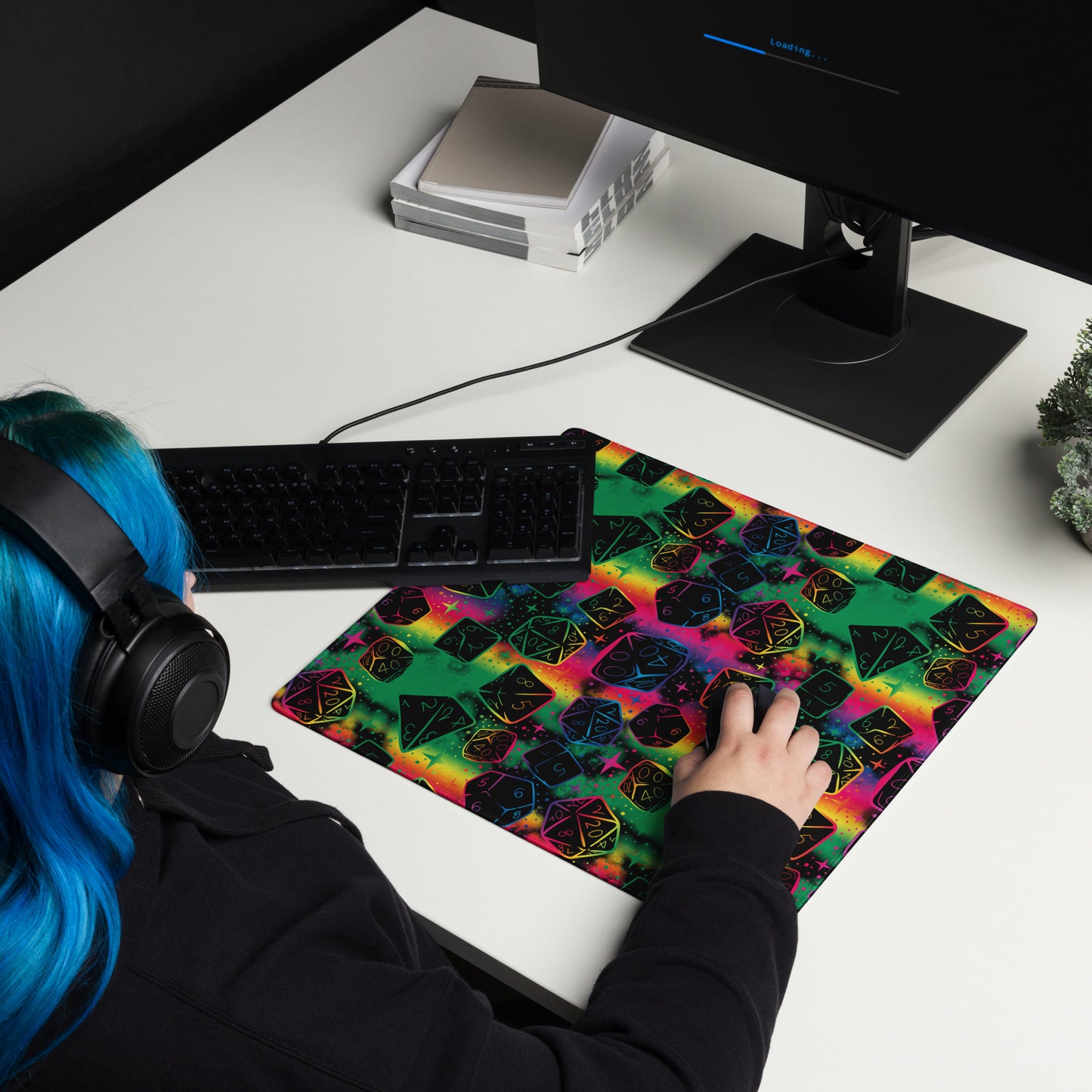 DnD Magical Dice Pattern, Rainbow Black Desk Mat