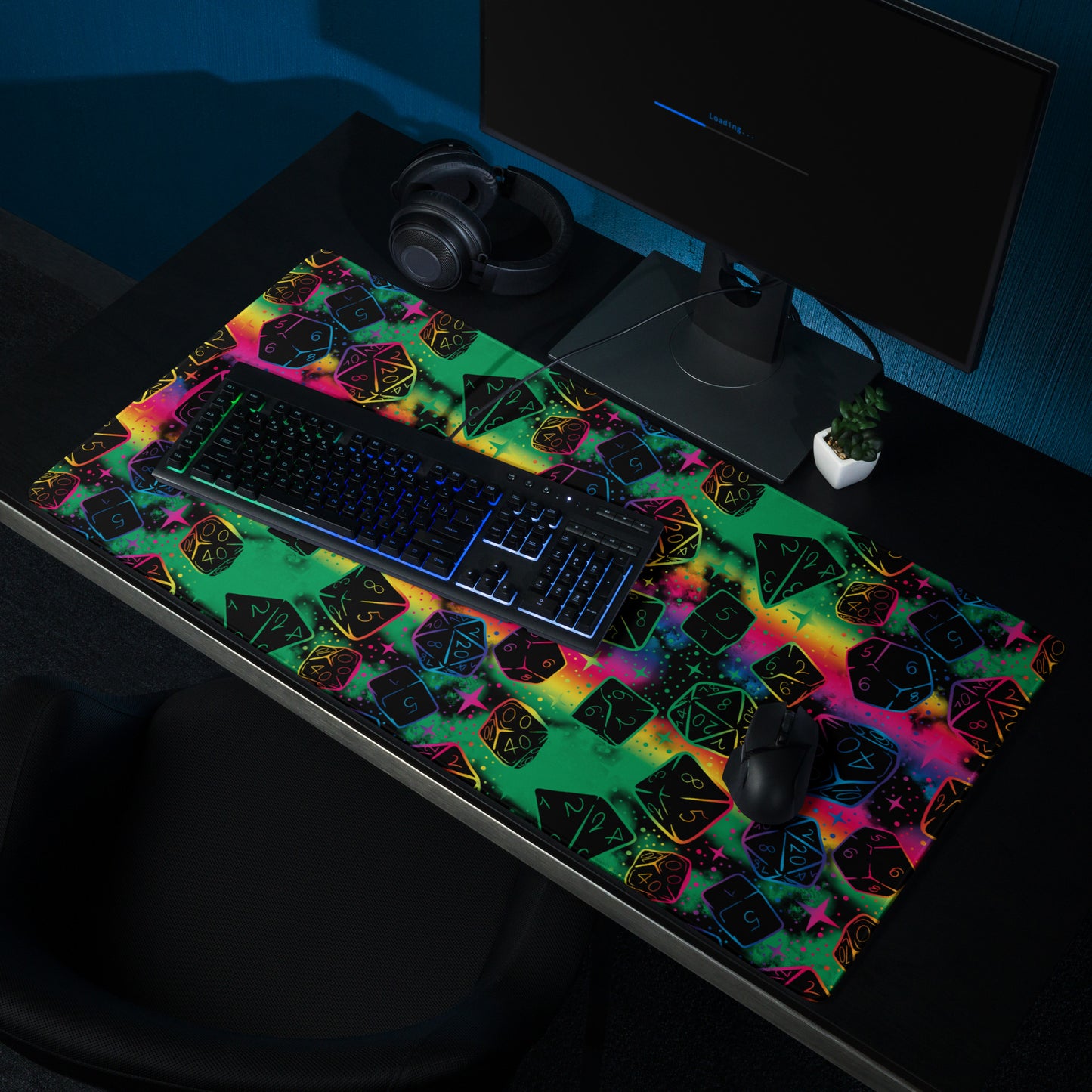 DnD Magical Dice Pattern, Rainbow Black Desk Mat