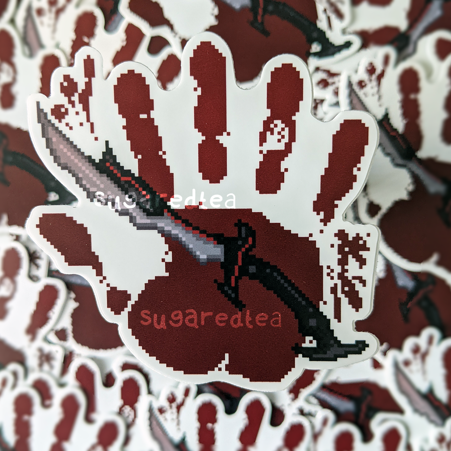 We Know Pixel Art Crest Vinyl Sticker Water Resistant | Sword Hand Print